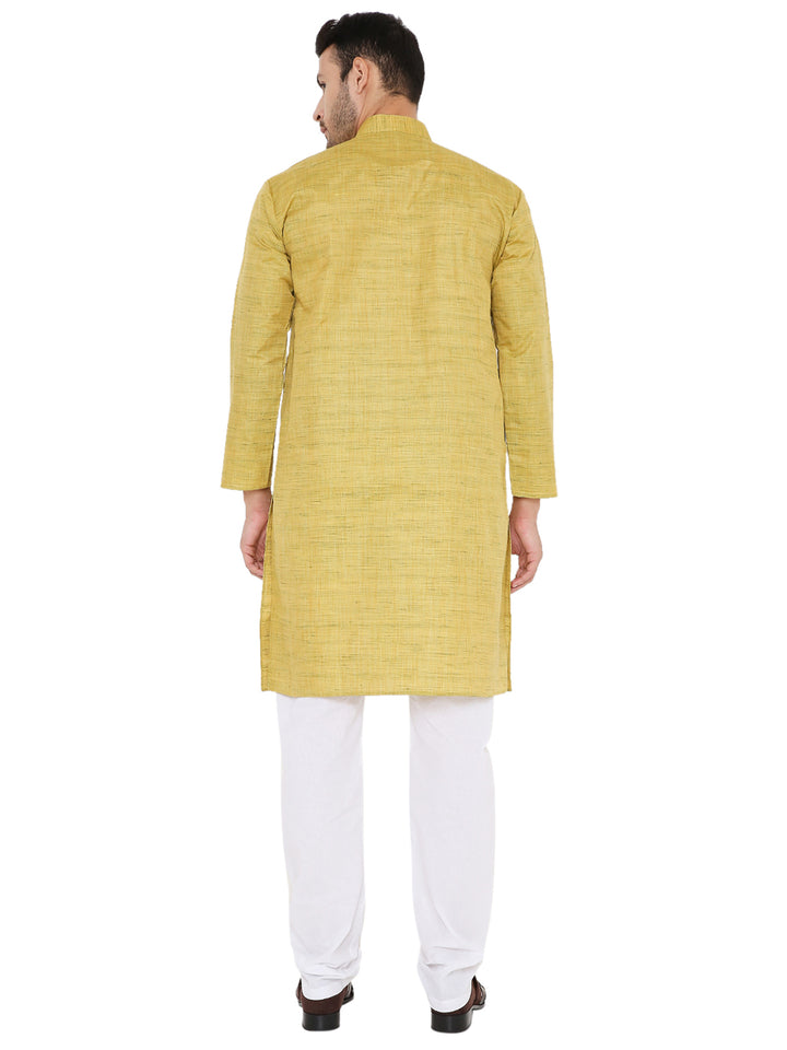 Back view of Green Silk Kurta - Raw Silk for Festivals, showcasing textured art design and straight hemline for cultural wear.