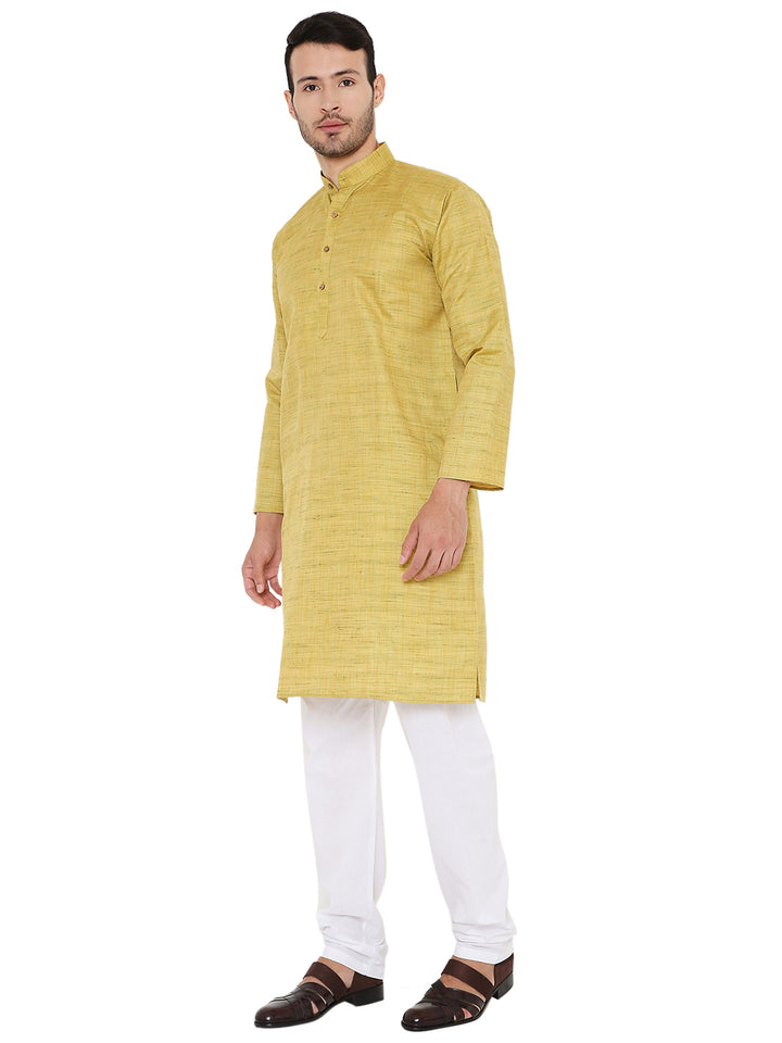 Side pose of Green Silk Kurta - Raw Silk for Festivals, featuring full sleeves and a band collar ideal for weddings and ceremonies.