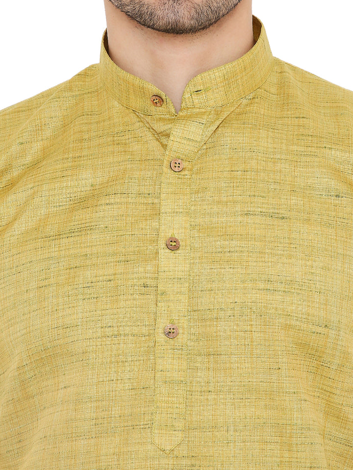 Close-up of Green Silk Kurta - Raw Silk for Festivals, showing button placket and band collar with fine textured detailing.