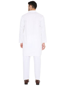 Premium White Poly Cotton Self Design Kurta Pyjama Set for Men [MSKP189]