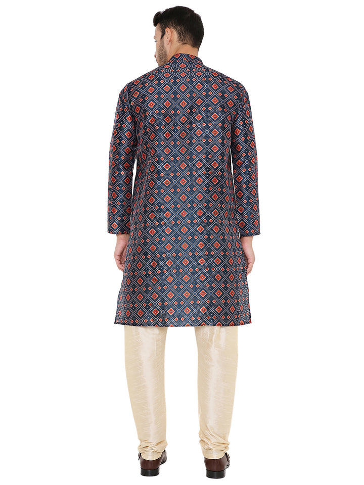Back view of Traditional Indian Art Silk Embroidered Kurta in Dark Blue, showcasing full-length design and intricate embroidery pattern.