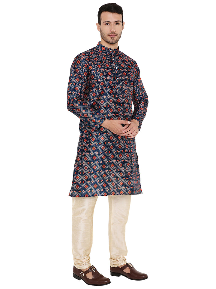 Front angled view of Traditional Indian Art Silk Embroidered Kurta in Dark Blue, paired with cream churidar for festive and wedding wear.