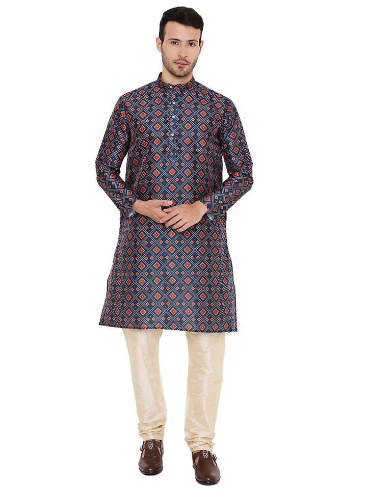 Full front view of Traditional Indian Art Silk Embroidered Kurta in Dark Blue, featuring red and orange embroidery on art silk fabric.