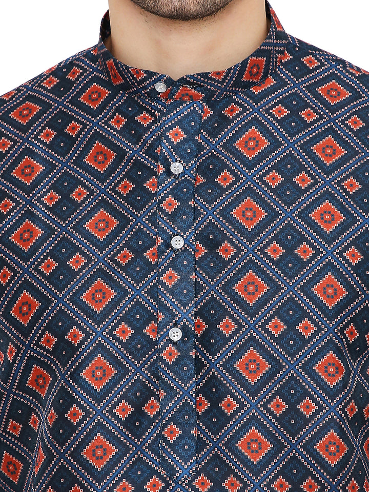 Close-up of button placket and embroidery details on Traditional Indian Art Silk Embroidered Kurta in Dark Blue with red diamond motifs.