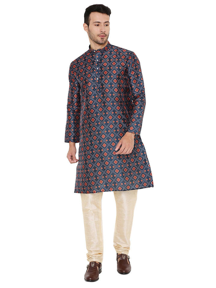 Traditional Indian Art Silk Embroidered Kurta in Dark Blue shown in walking pose, highlighting festive ethnic wear appeal with cream churidar.