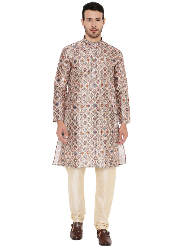 Art Silk Kurta in light grey with intricate Indian embroidery, ideal for weddings and festive occasions. Features full sleeves and straight hem.