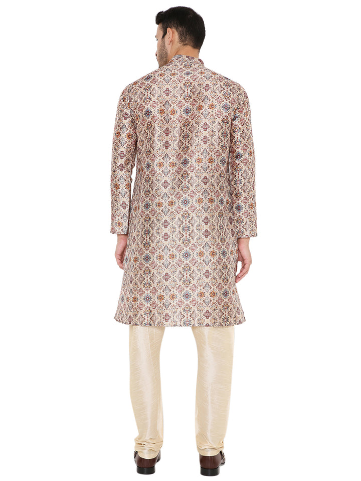 Back view of light grey embroidered Art Silk Kurta showcasing traditional Indian design, perfect for ceremonial and festive wear.