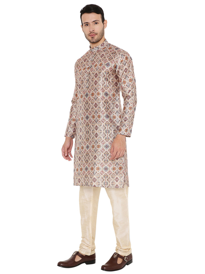 Side angle of Indian Art Silk Kurta in light grey with rich embroidery, styled for weddings and traditional celebrations.