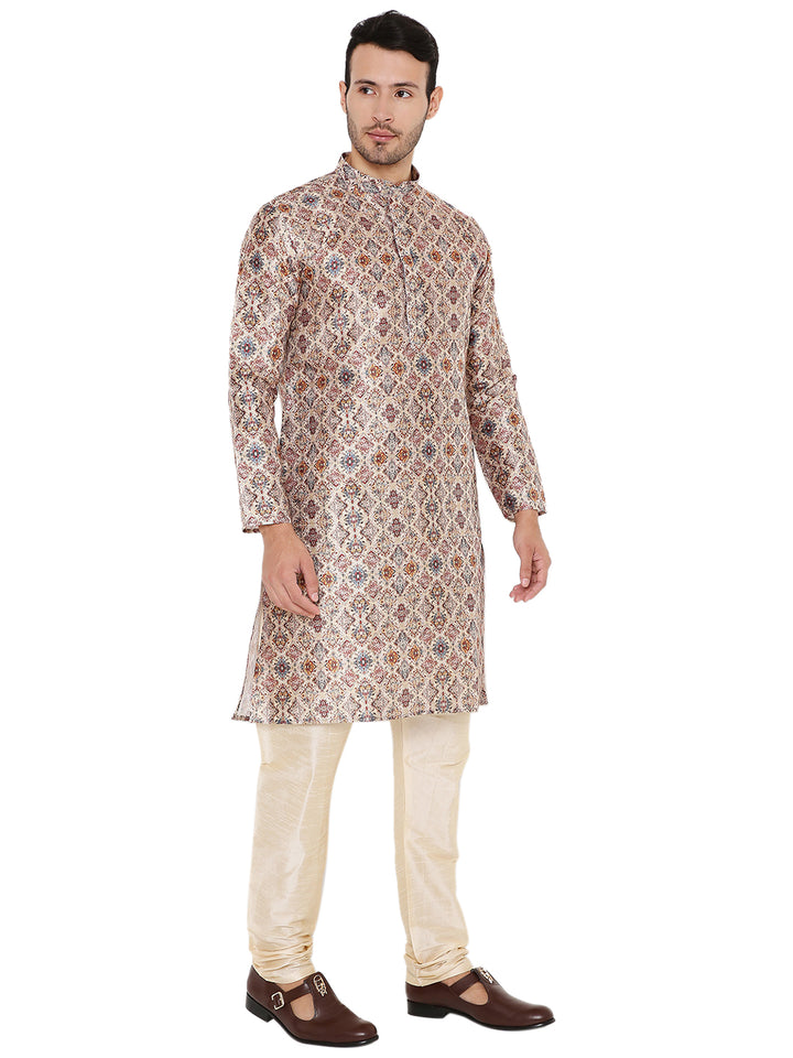 Three-quarter view of embroidered Art Silk Kurta in light grey, designed for festive and wedding attire with elegant detailing.