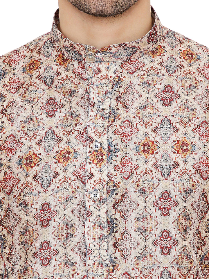 Close-up of embroidered neckline and button placket on light grey Art Silk Kurta, highlighting traditional Indian craftsmanship.