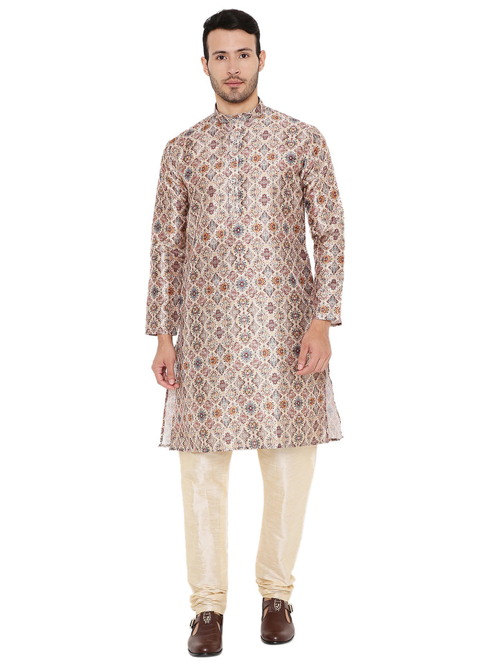 Front view of light grey Indian Art Silk Kurta with detailed embroidery, ideal for weddings and festive traditional clothing.