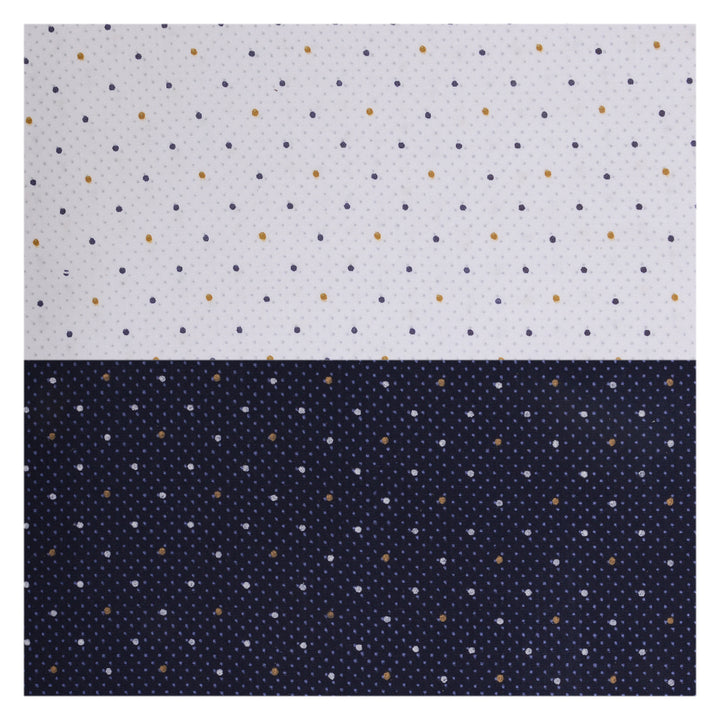 Polka Dot Shirt Fabric Combo featuring white and navy blue unstitched polyviscose fabric with dotted prints. Ideal for stylish summer shirts.