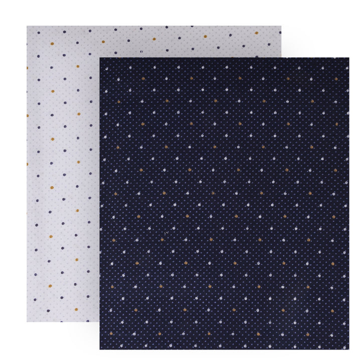 Unstitched Polka Dot Shirt Fabric Combo in navy and white colors, crafted from breathable polyviscose for comfort and easy care.