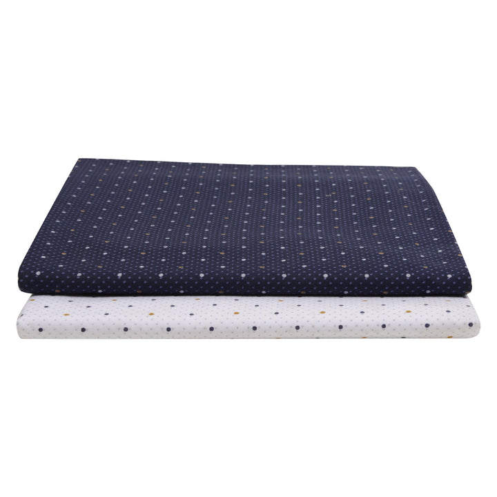 Folded Polka Dot Shirt Fabric Combo of 2 in navy and white, made from lightweight polyviscose, perfect for DIY shirt crafting projects.