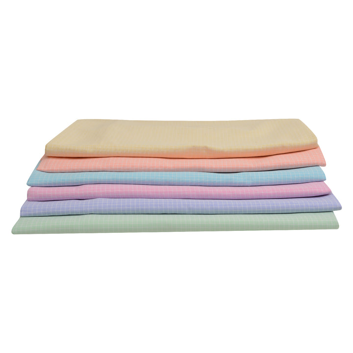 Folded set of 6 unstitched PolyViscose shirt fabrics in small check patterns, showcasing breathable and vibrant textile options for tailoring.