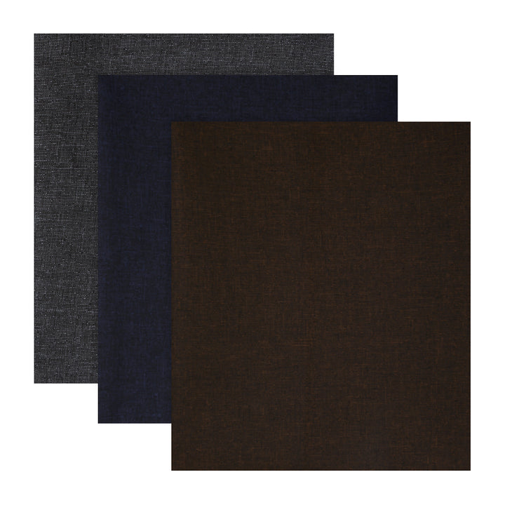 Durable trouser fabric set in charcoal, navy, and dark brown tones, perfect for crafting custom-fit trousers with a stylish finish.