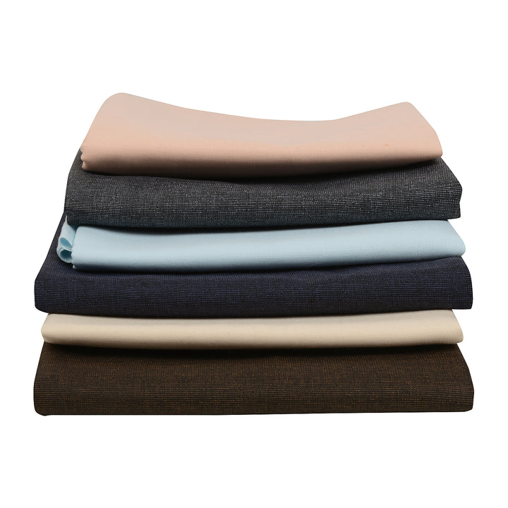Stacked unstitched fabric combo for shirts and trousers in soft, durable polyviscose, ideal for custom tailoring and fashion projects.