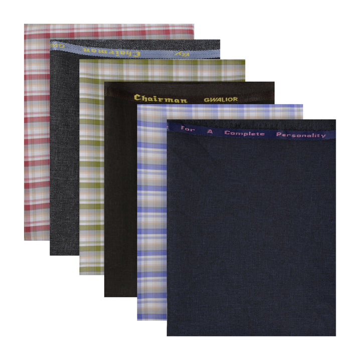 PolyViscose Fabric Set - Unstitched Checkered combo featuring 3 shirt and 3 trouser fabrics in assorted colors for custom tailoring projects.