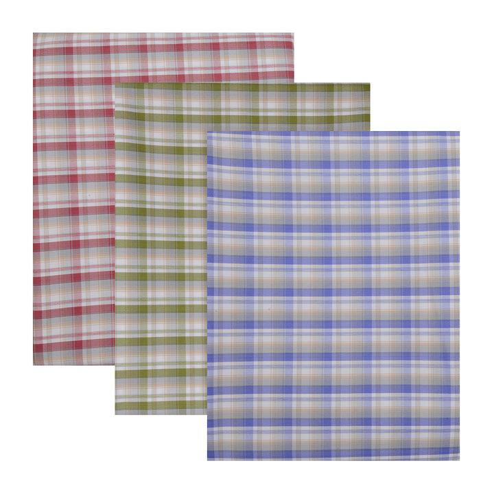 Unstitched PolyViscose checkered shirt fabric set in red, green, and blue tones, ideal for crafting personalized and stylish shirts.