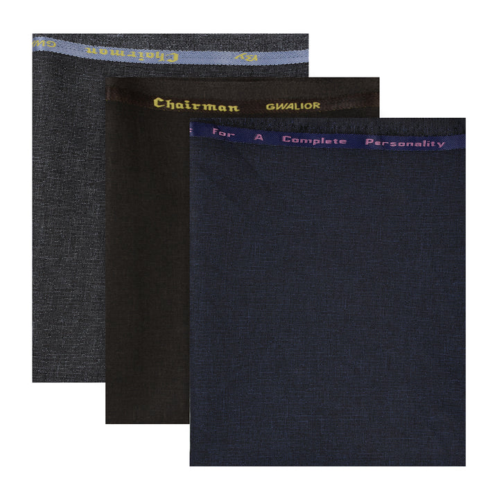 Durable PolyViscose trouser fabric set in black, brown, and navy, perfect for custom-fit pants with a premium finish.