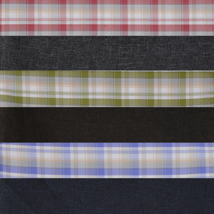 Close-up of PolyViscose Fabric Set - Unstitched Checkered showing alternating shirt and trouser fabrics in vibrant patterns and textures.