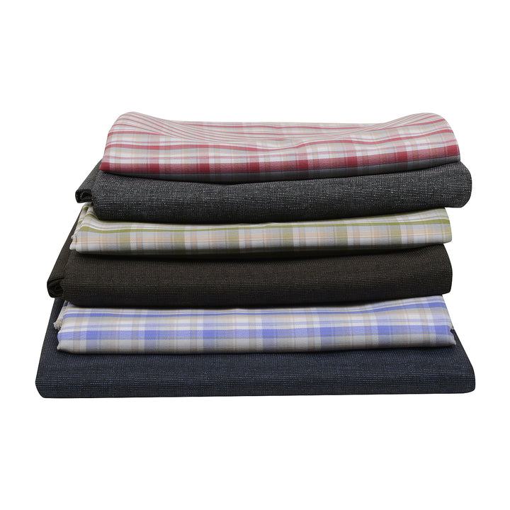 Stacked PolyViscose Fabric Set - Unstitched Checkered combo of 3 shirts and 3 trousers, showcasing soft, durable textile quality.