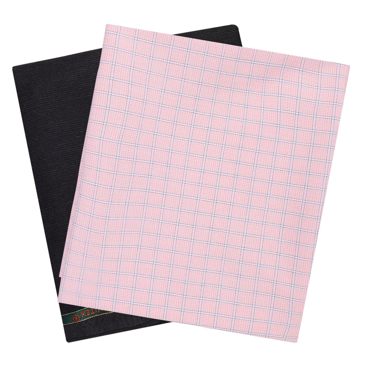 Unstitched shirt trouser set featuring peach checks shirt fabric and black trouser fabric, ideal for custom tailoring and premium comfort.