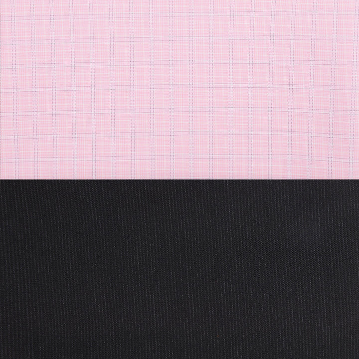Side-by-side view of peach checks shirt fabric and black trouser fabric from the unstitched set, ideal for creating a coordinated outfit.