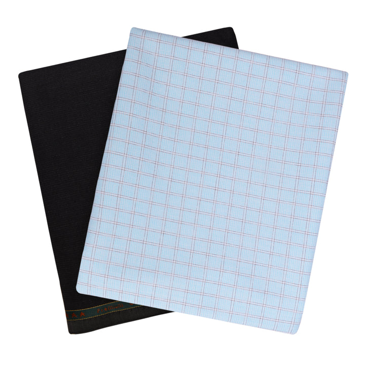 PolyBlend Shirt Trouser Set - Custom Fabric featuring unstitched blue checks shirt fabric and solid black trouser fabric for tailored comfort.