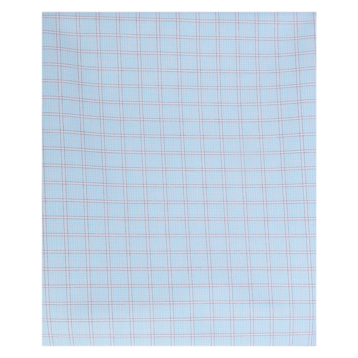 Close-up of unstitched PolyBlend blue checks shirt fabric, ideal for crafting custom-fit office or casual wear shirts.