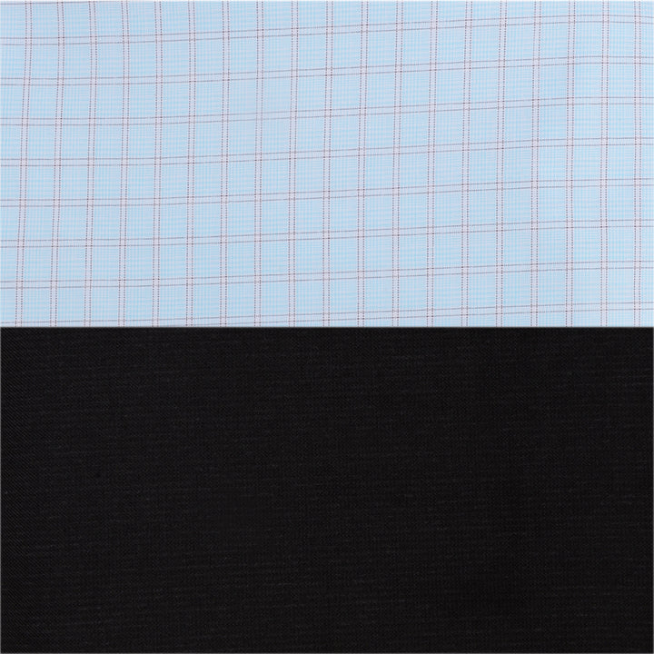 Side-by-side view of blue checks shirt fabric and black trouser fabric from the PolyBlend Shirt Trouser Set - Custom Fabric collection.
