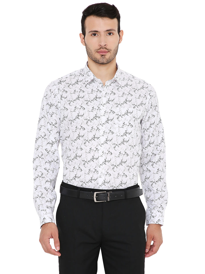 Abstract Print White Shirt - Slim Fit Formal with black vine pattern, long sleeves, and button-down front, ideal for business or formal wear.