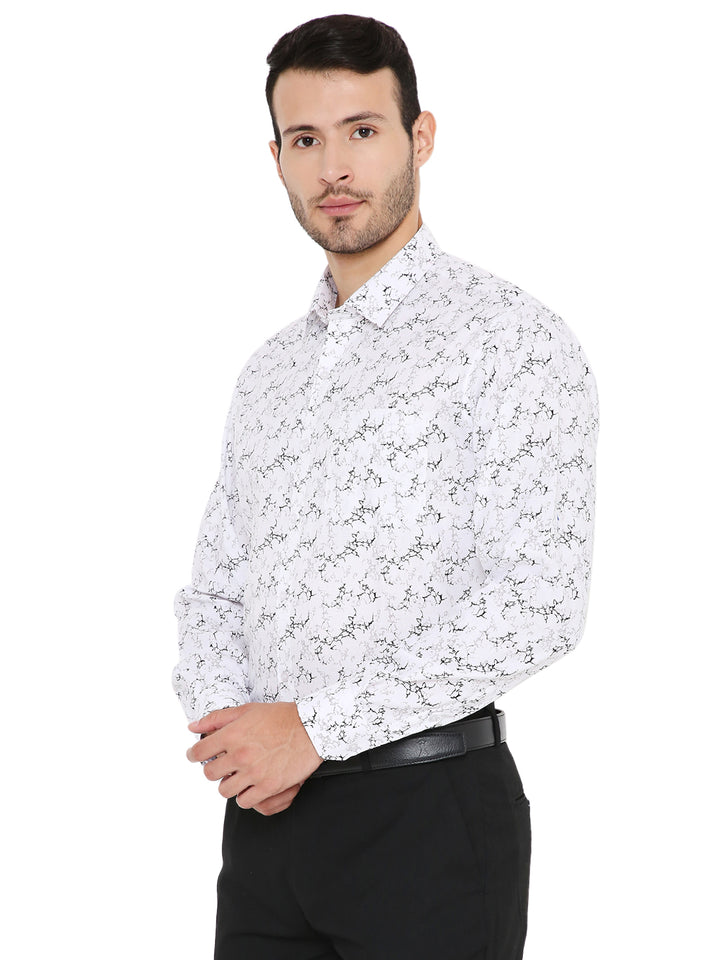 Side pose of Abstract Print White Shirt - Slim Fit Formal highlighting tailored fit and breathable fabric for stylish office attire.