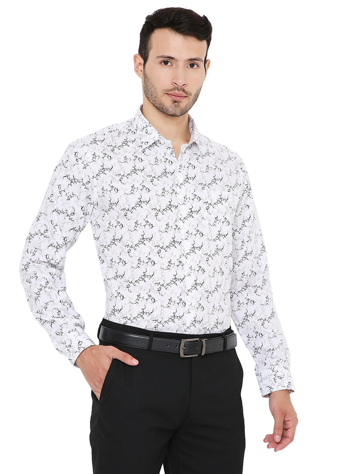 Model wearing Abstract Print White Shirt - Slim Fit Formal with hand in pocket, showcasing modern fit and elegant printed design.
