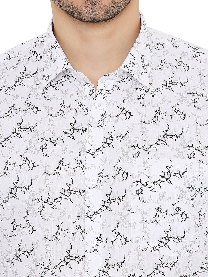Close-up of Abstract Print White Shirt - Slim Fit Formal detailing intricate black abstract print and crisp collar for refined styling.