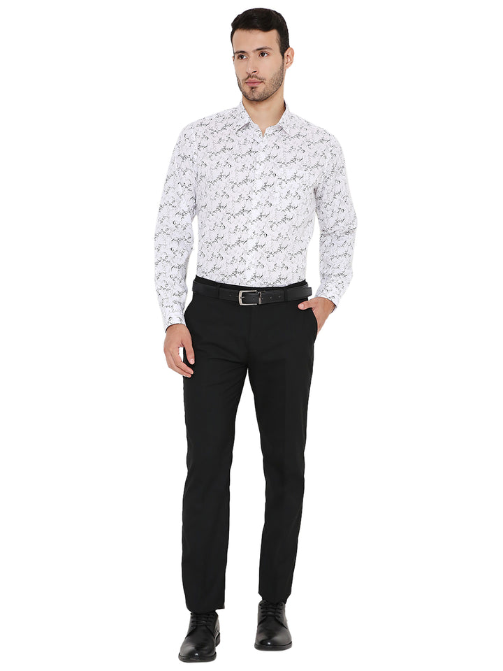 Full body view of Abstract Print White Shirt - Slim Fit Formal paired with black trousers, perfect for professional and semi-formal occasions.