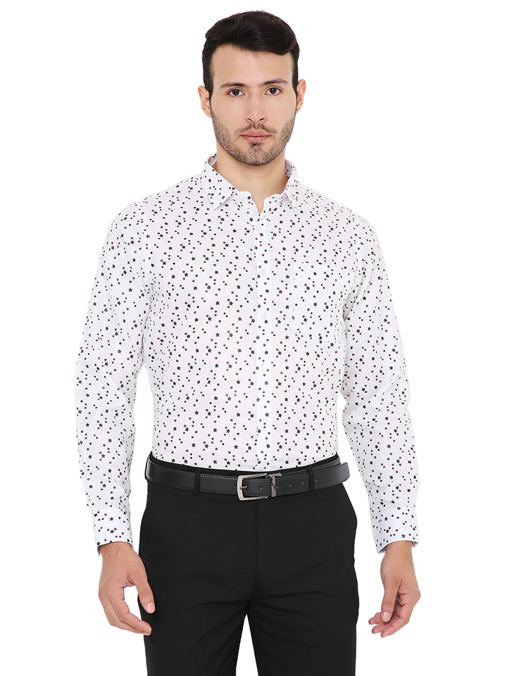 Maharaja Slim Fit Shirt in white with abstract star print, ideal for formal wear. Made in India, this shirt offers a tailored slim fit design.