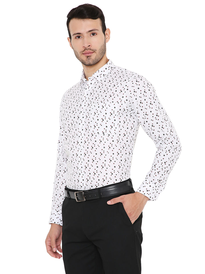 Side view of Maharaja Slim Fit Shirt with abstract star pattern, showcasing its modern cut and premium finish for formal occasions.