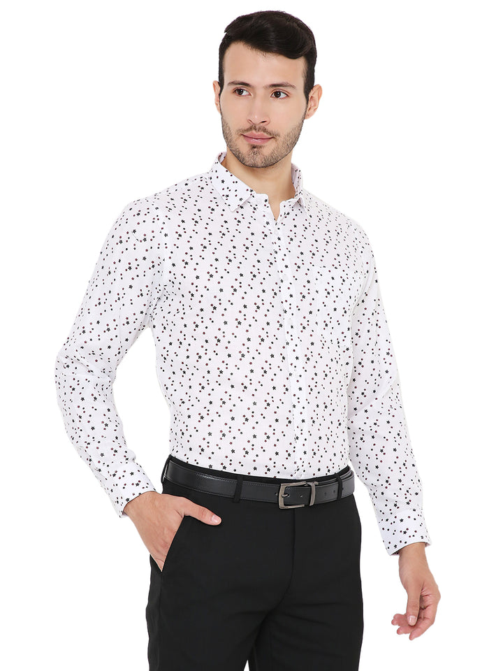 Maharaja Formal Slim Shirt with white base and star print, designed for a sleek silhouette and professional look. Made in India.