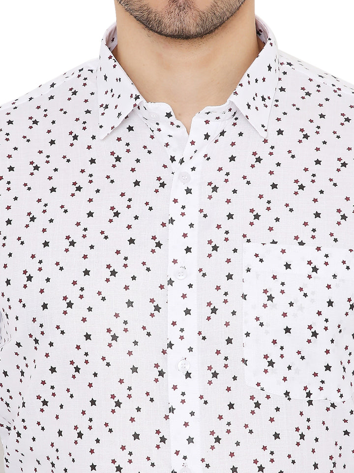 Close-up of Maharaja Slim Fit Shirt's chest area, highlighting the detailed star print and front pocket on crisp white fabric.
