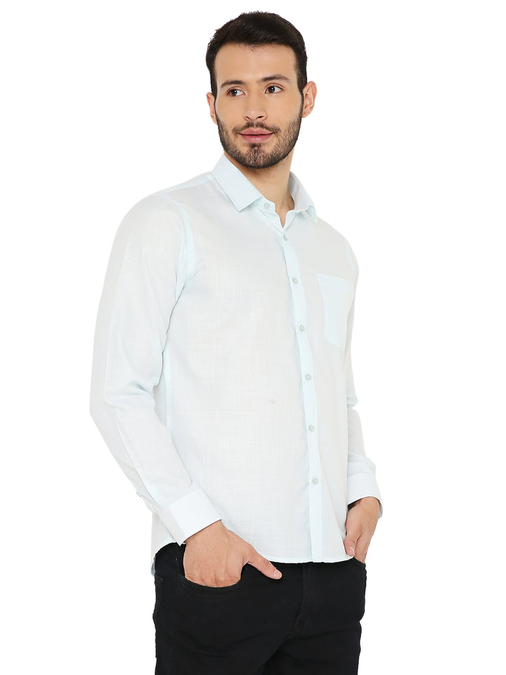 Men's Slim Fit Shirt in pastel blue featuring a soft collar and tailored fit, perfect for modern casual or semi-formal looks.
