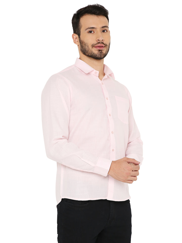 Slim Fit Shirt - Pastel Pink angled front view emphasizing sleek silhouette and soft pastel tone for modern appeal.