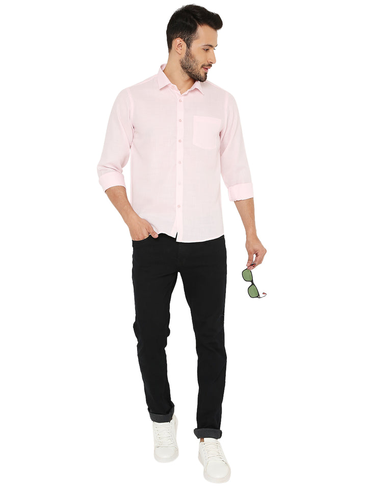 Slim Fit Shirt - Pastel Pink styled with black jeans and white sneakers, showcasing a complete casual outfit.