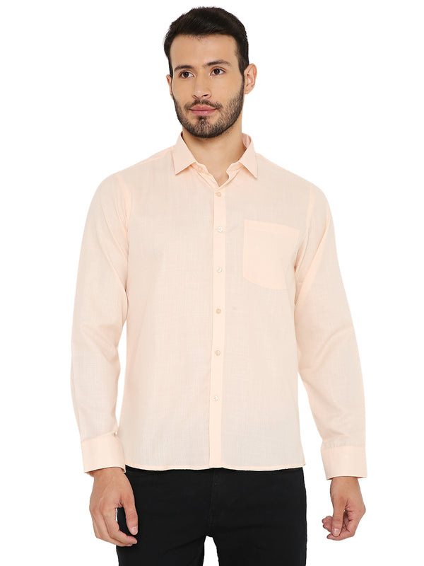 Maharaja Slim Fit Shirt in pastel orange with long sleeves and chest pocket, ideal for casual or semi-formal wear. Breathable and machine washable.