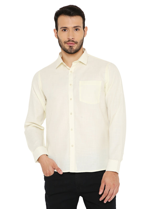 Maharaja Slim Fit Shirt in pastel yellow with long sleeves and chest pocket, designed for breathable comfort and easy care.