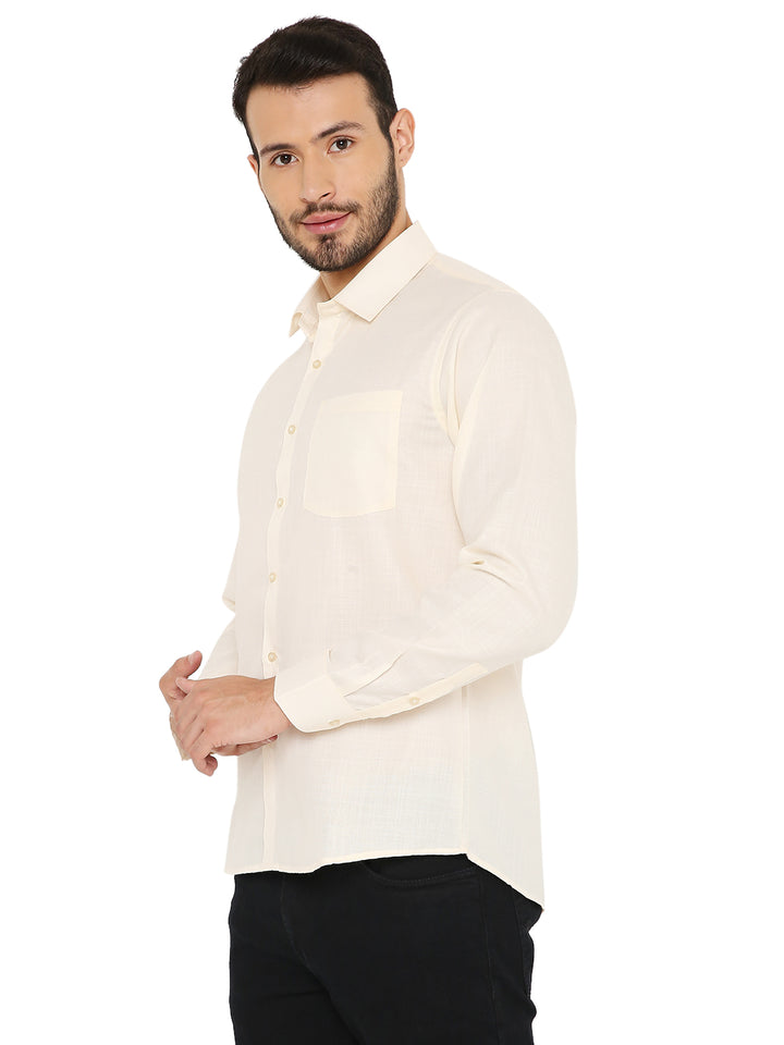 Side view of Maharaja Slim Fit Peach Shirt showcasing tailored fit and breathable fabric, ideal for modern casual and office looks.