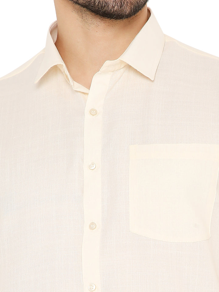Close-up of Maharaja Slim Fit Peach Shirt front pocket and button placket, emphasizing fine detailing and premium fabric texture.