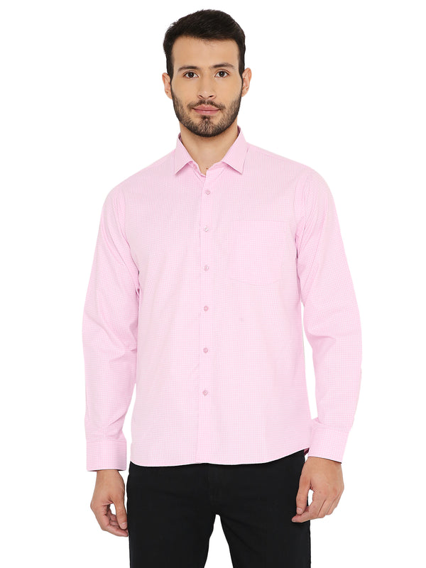 Slim Fit Pink Check Shirt - Crafted Comfort with small checks, long sleeves, and front pocket. Ideal for formal and casual wear.