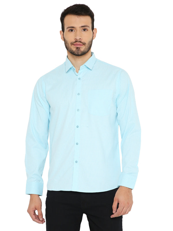 Blue slim fit small checks shirt with long sleeves and front pocket, ideal for formal and casual wear. Crafted for comfort and style.