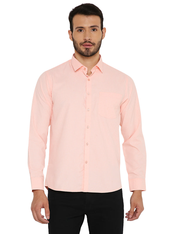 Orange slim fit shirt with small checks, long sleeves, and chest pocket. Ideal for casual and formal wear, crafted for breathable comfort.